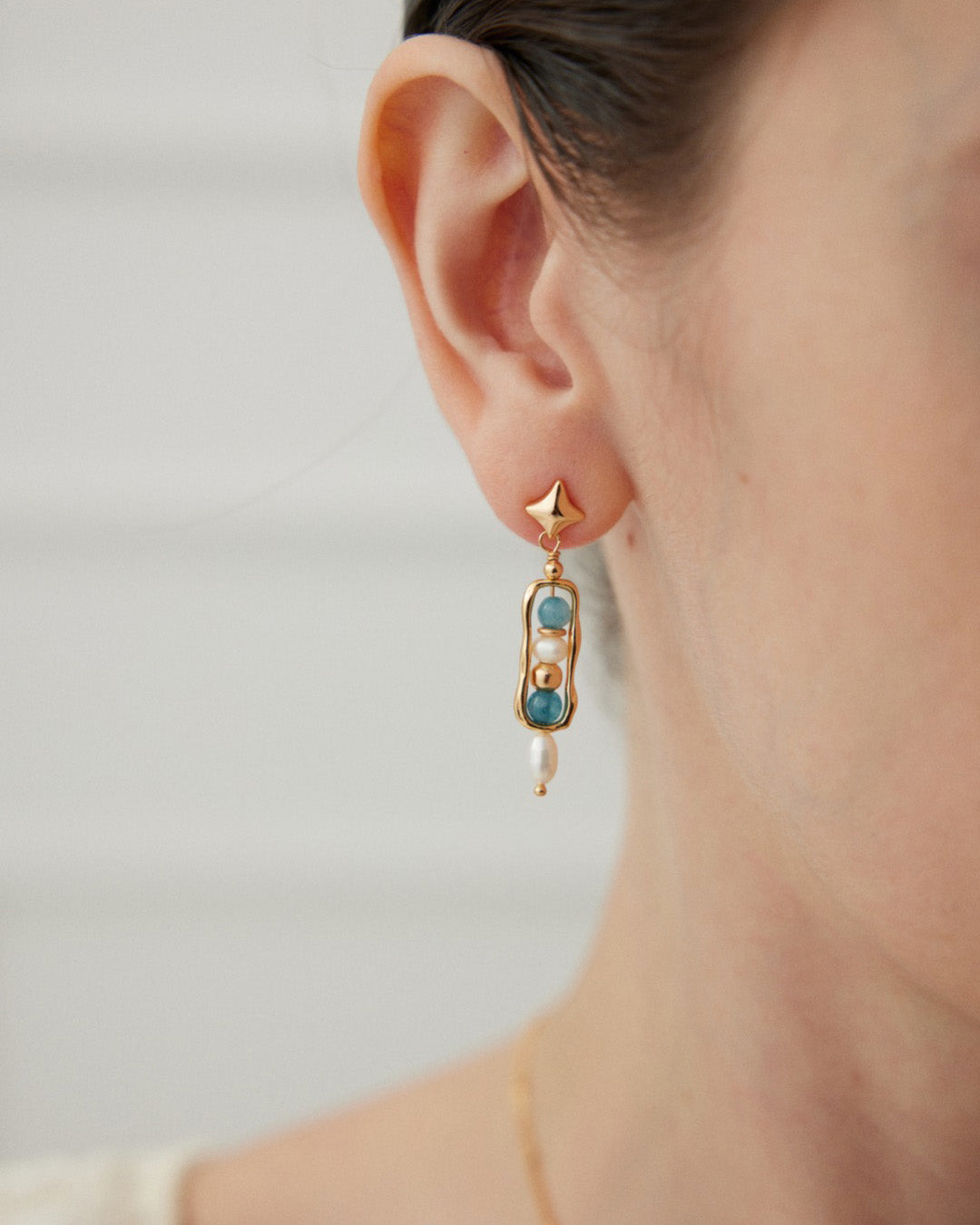 Pearl Dangle Earrings Inlay Blue Amazonite