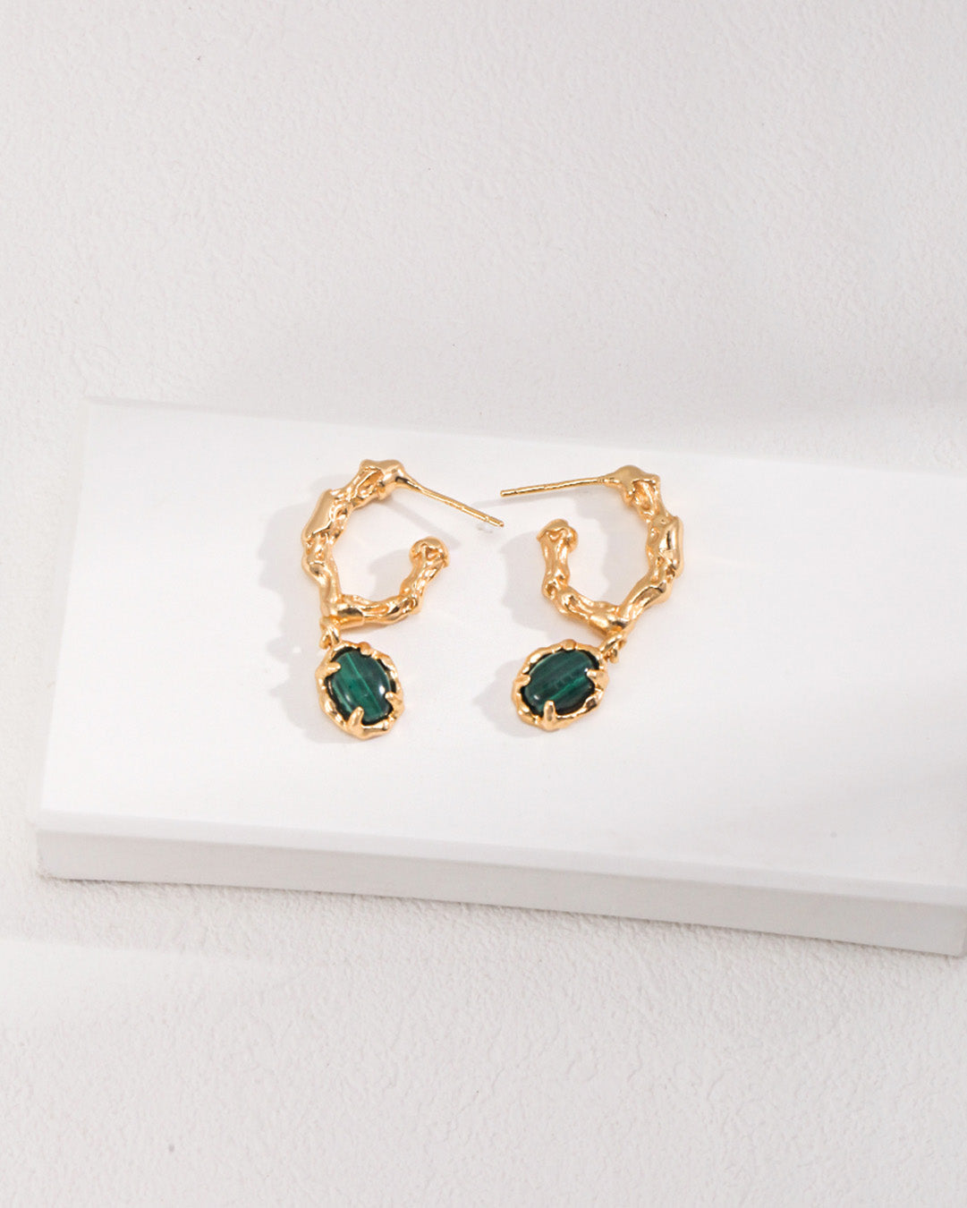 Gold Hoop Earrings Inlay Green Malachite