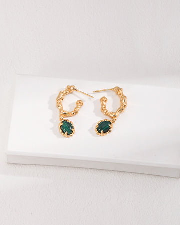 Gold Hoop Earrings Inlay Green Malachite