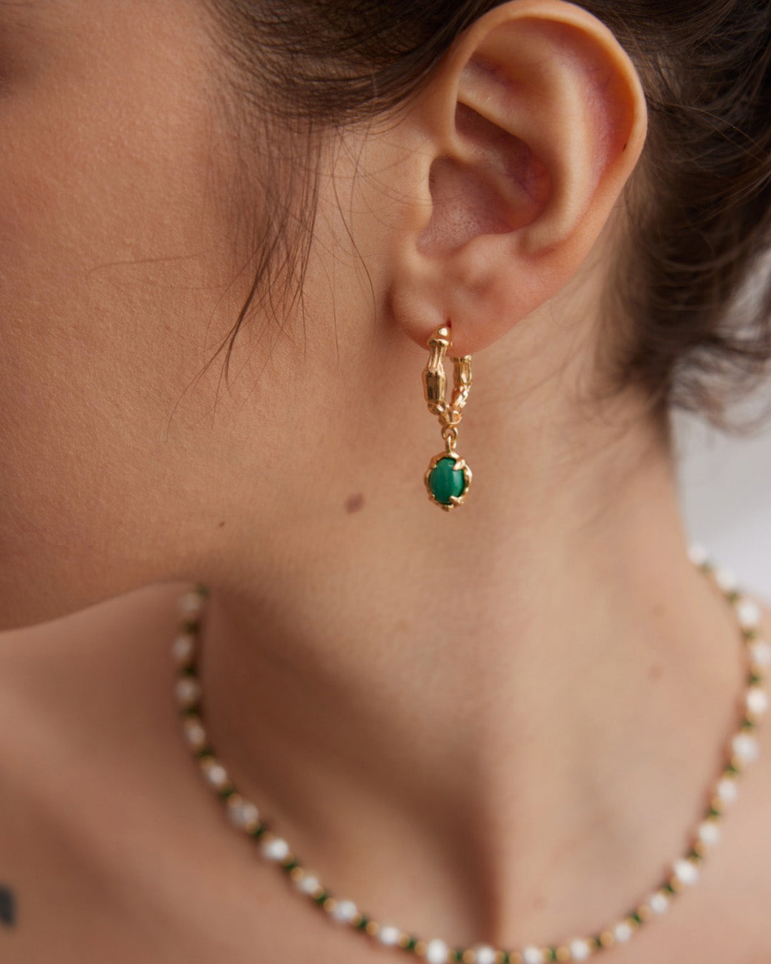 Gold Hoop Earrings Inlay Green Malachite