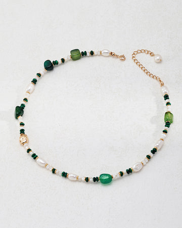 Irregular Malachite Necklace in White Pearl