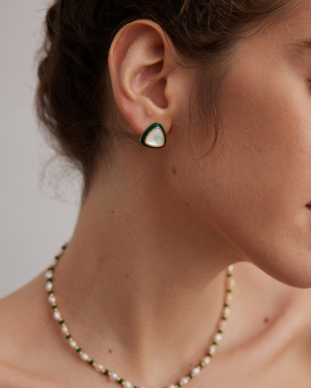 Mother-of-Pearl Stud Earrings in Green Glaze