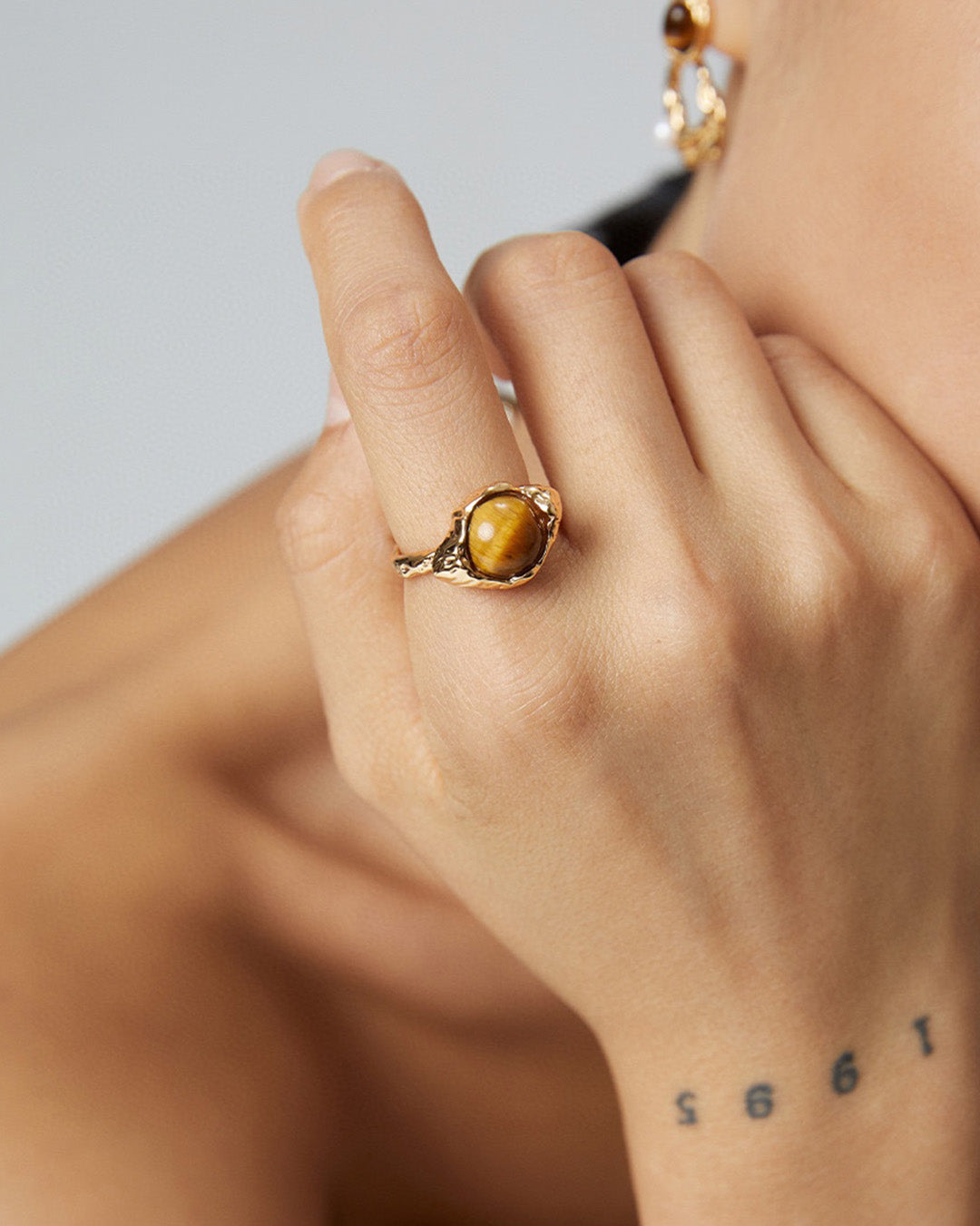 Gold Open Ring Inlay Tiger Eye