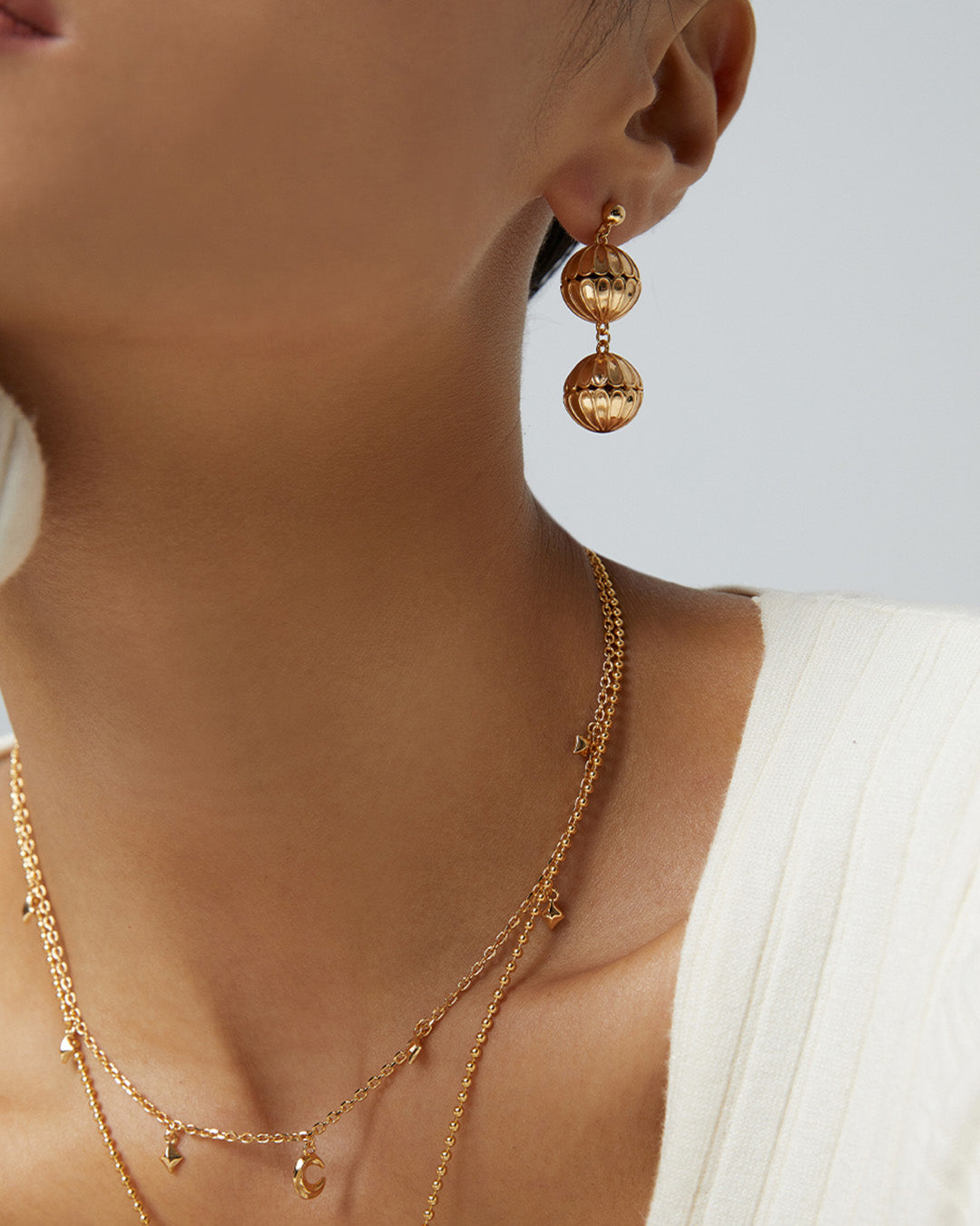 Dual Golden Spheres Dangle Earrings