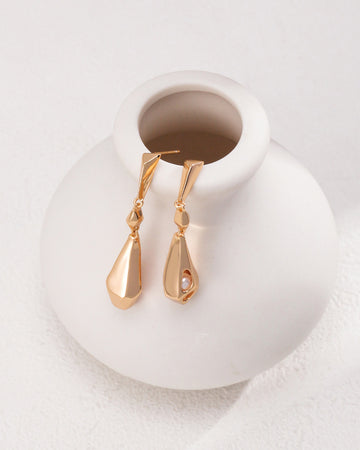 Gold Geometry Dangle Earrings Inset Pearl