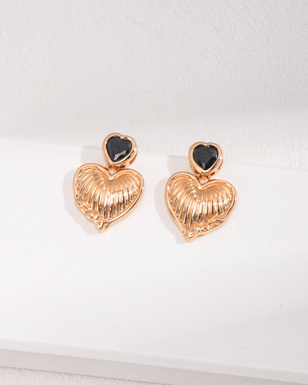 Puff Heart Drop Earrings Inlay Black Zircon