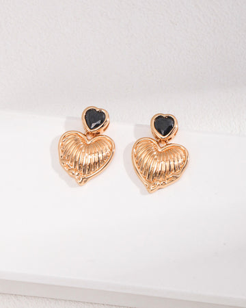 Puff Heart Drop Earrings Inlay Black Zircon