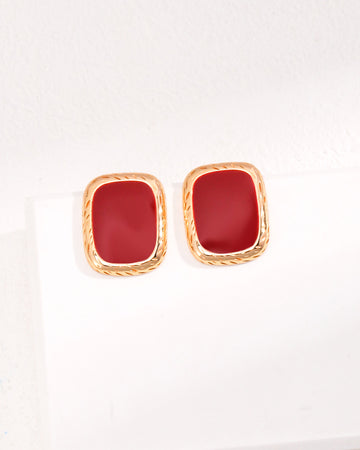 Red Glaze Stud Earrings in Gold