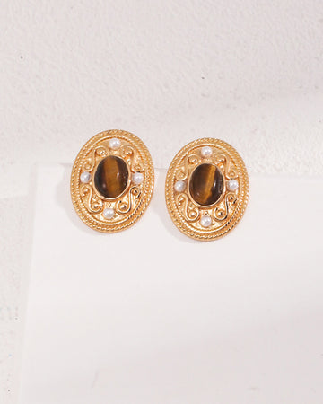 Gold Gemstone Earrings Inlay Pearls