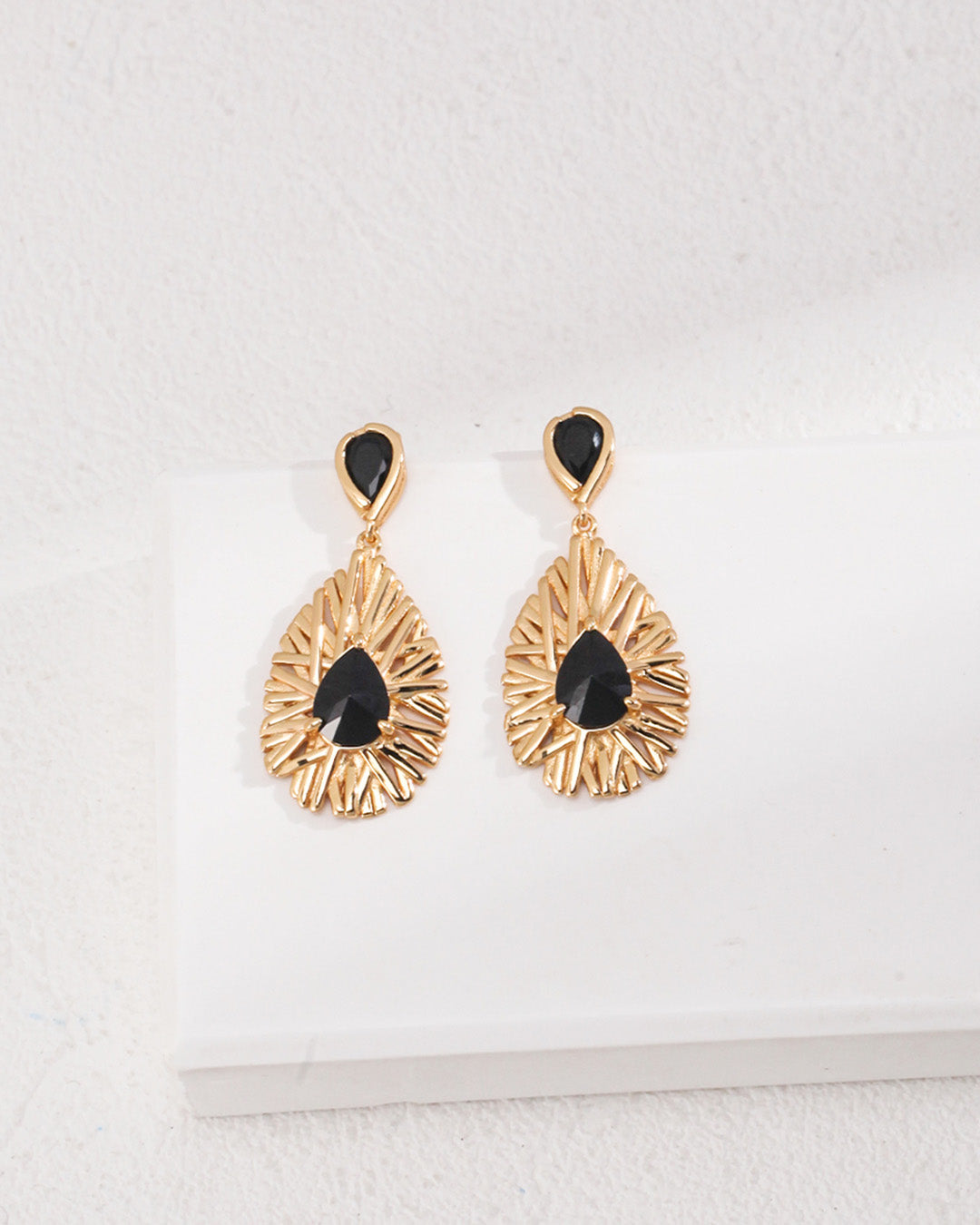 Gold Drop Earrings Inlay Black Zircon