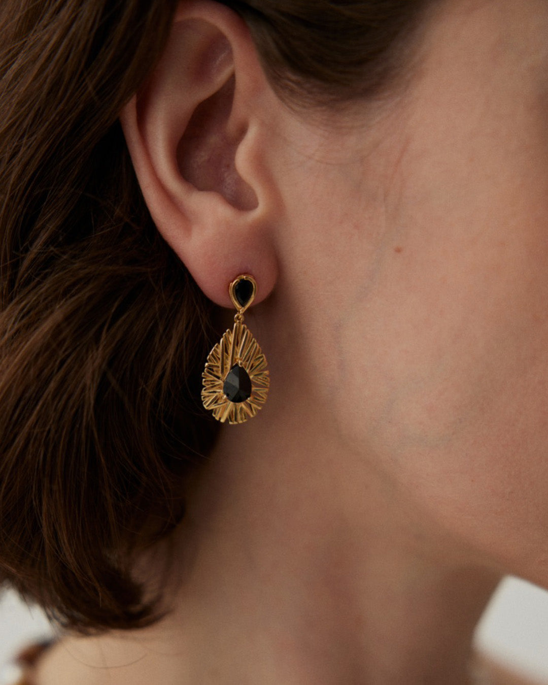 Gold Drop Earrings Inlay Black Zircon